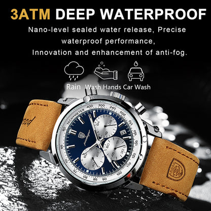 POEDAGAR Man Luxury Watch High Quality Waterproof Chronograph Luminous Men's Wristwatch Leather Men Quartz Watches Casual Clock