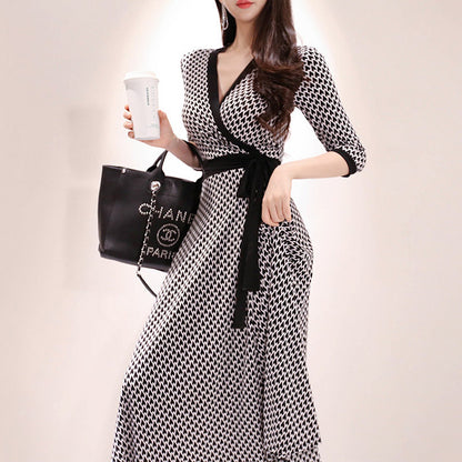 Women S Waist Slim Long Skirt Printed Big Hem Dress