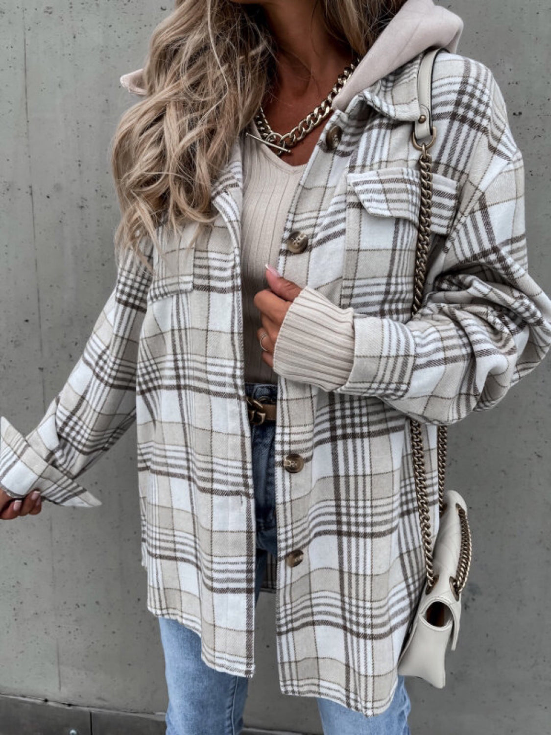 Plaid Button Up Jacket with Removable Hood