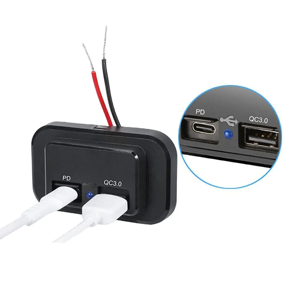 12-24V 4.8A Dual USB PD QC3.0 Car Boat RV Fast Charger Socket LED Power Outlet