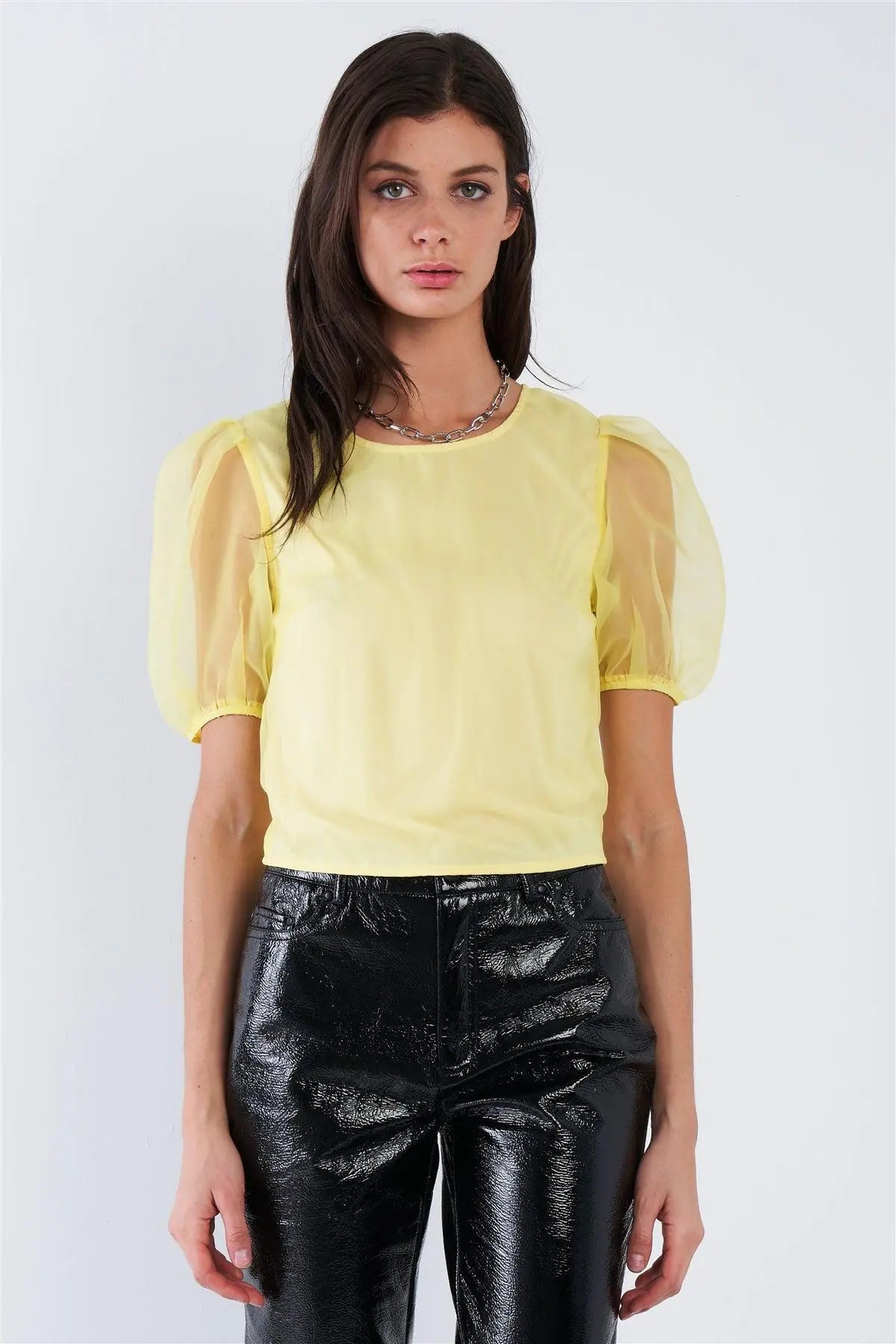 Yellow Sheer Puff Sleeve Retro Top