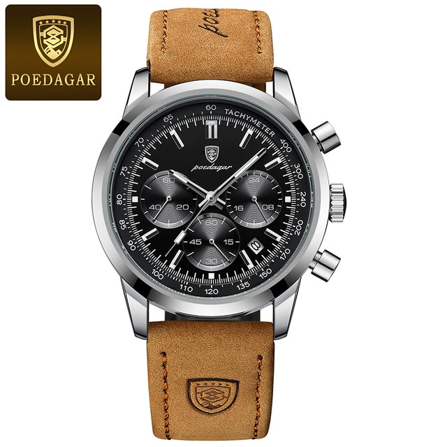 POEDAGAR Man Luxury Watch High Quality Waterproof Chronograph Luminous Men's Wristwatch Leather Men Quartz Watches Casual Clock