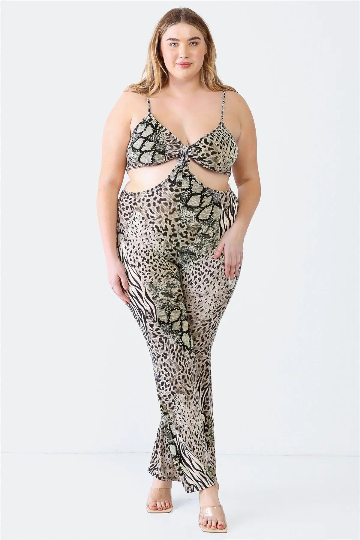 Junior Plus Animal Print Cut-Out Elasticized Jumpsuit