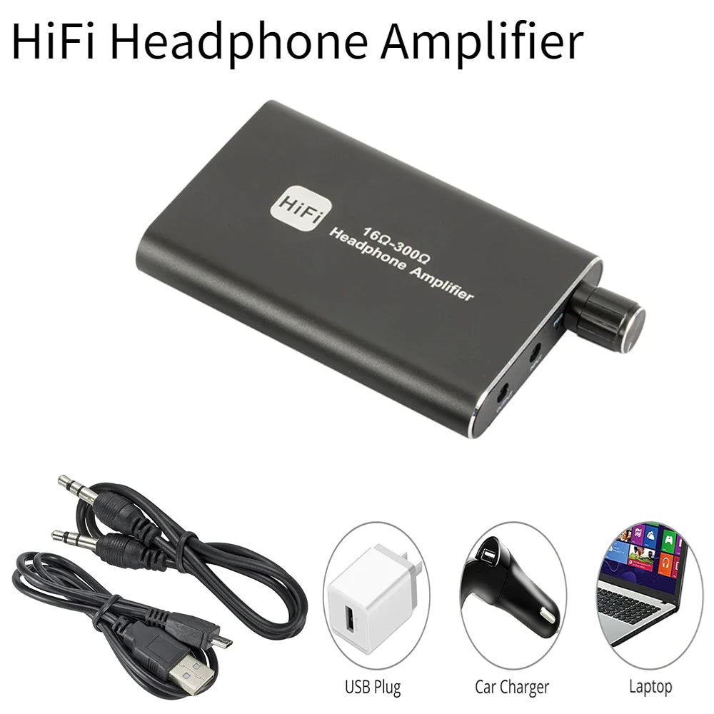 16-300Ω HIFI Headphone Amplifier Portable Earphone AMP 3.5mm w/ Audio USB Cable